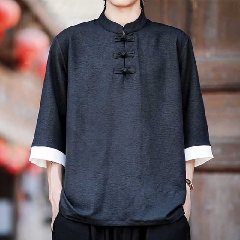 Buddha Stones Summer Tang Style Vintage Mandarin Collar Frog Button Solid Men's Elbow-Length Sleeve Shirts - image 8