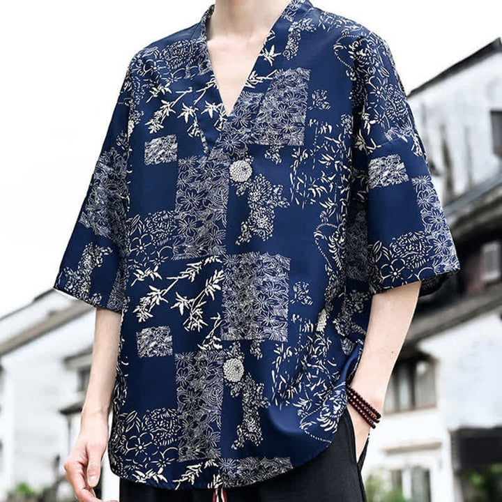 Buddha Stones Summer Casual Tang Style Floral V-Neck Men's Short Sleeve T-Shirts - image 3