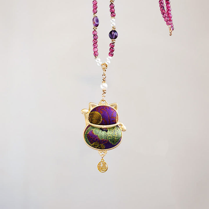 Buddha Stones Song Brocade Fabric Lucky Beckoning Cat Fu Character Blessing Necklace - image 8