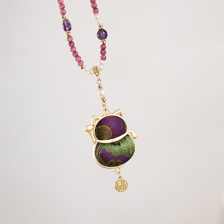 Buddha Stones Song Brocade Fabric Lucky Beckoning Cat Fu Character Blessing Necklace - image 7