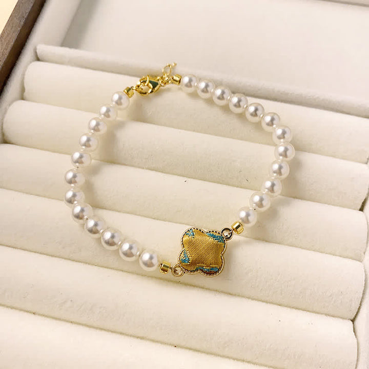 Buddha Stones Pearl Song Brocade Clover Purity New Chinese Bracelet - Gold Green(Same Color Tone – Pattern Varies) - image 11