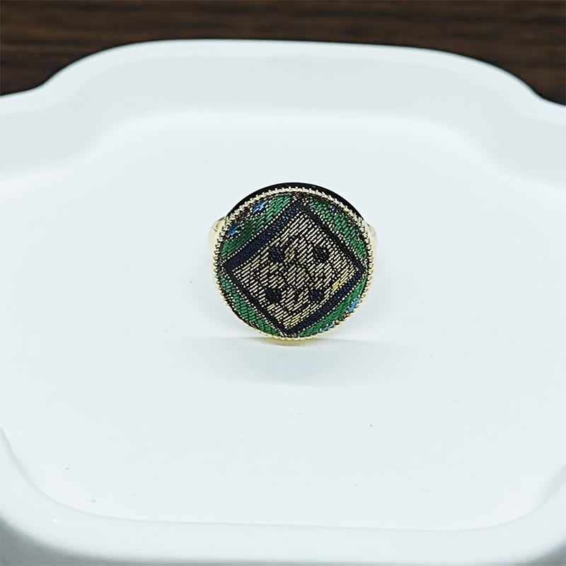 Buddha Stones Handmade Song Brocade Floral Pattern Blessing Adjustable Round Ring - Green Gold(Same Color Tone – Pattern Varies) - Adjustable - image 7