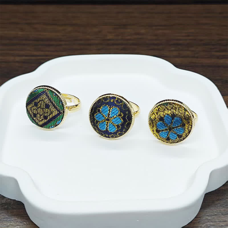 Buddha Stones Handmade Song Brocade Floral Pattern Blessing Adjustable Round Ring - image 12
