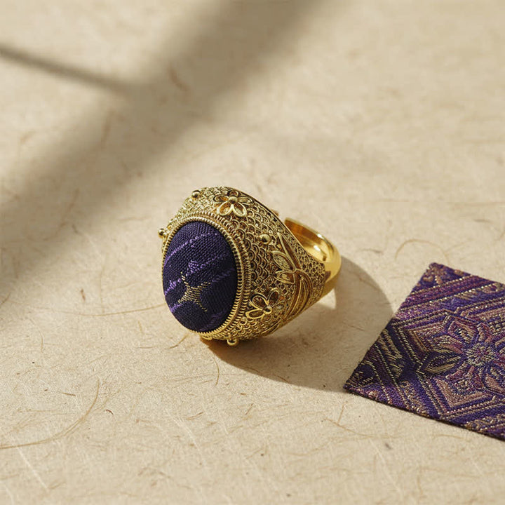 Buddha Stones Song Brocade Prosperity Pigeon egg Oval Adjustable Chinese Style Ring - Song Brocade (Same Color Tone – Pattern Varies) - image 0
