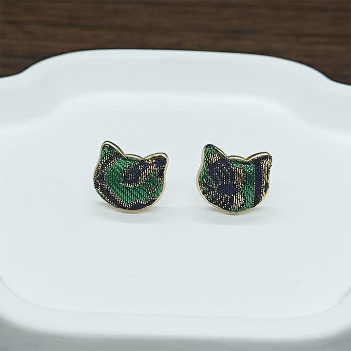 Buddha Stones Handmade Song Brocade Cat Blessing Chinese Vintage Earrings - image 2