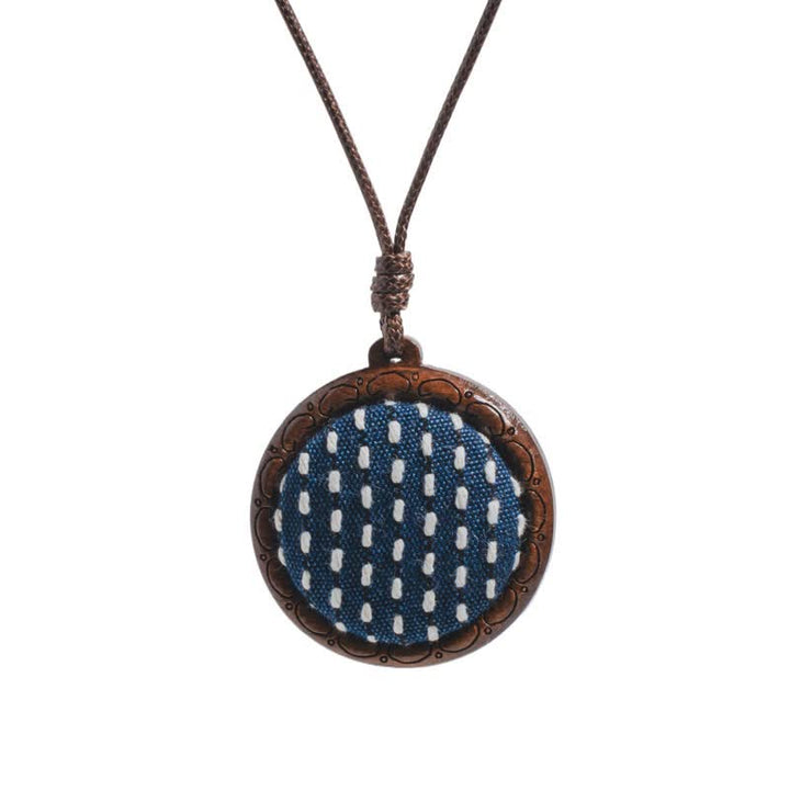 Buddha Stones Wooden Hand Carved Embroidered Flower Butterfly Grounding Round Necklace - Sashiko - image 4