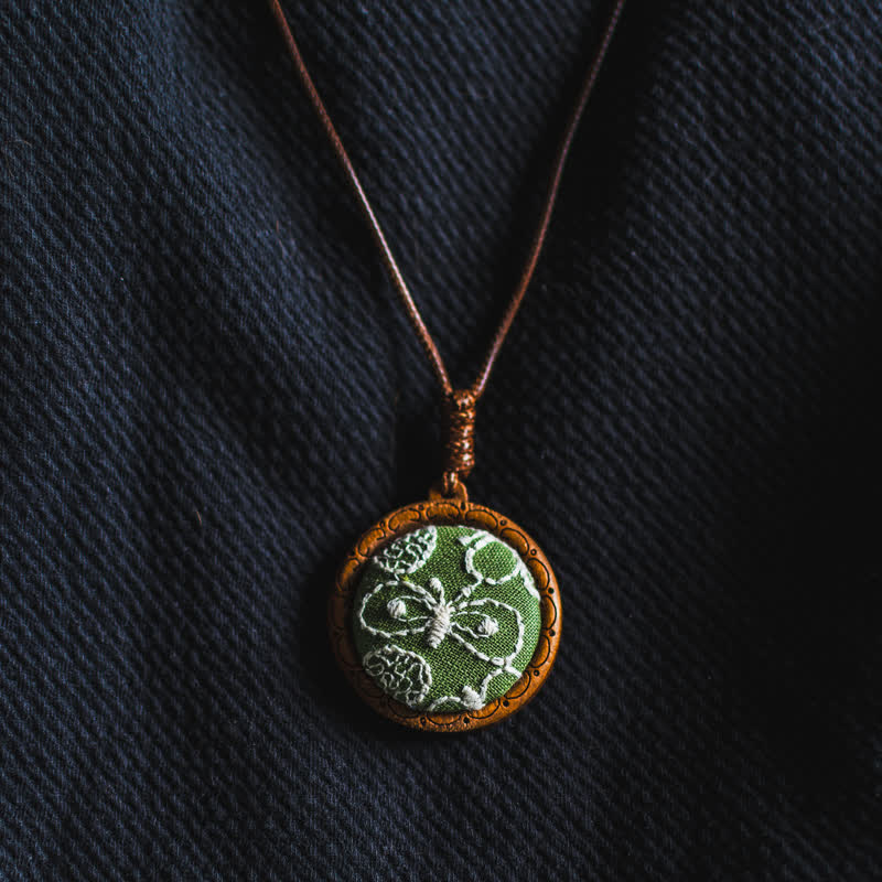 Buddha Stones Wooden Hand Carved Embroidered Flower Butterfly Grounding Round Necklace - image 8
