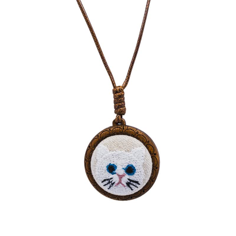 Buddha Stones Wood Cat Luck Embroidered Round Pendant Necklace - Chinchilla - image 6