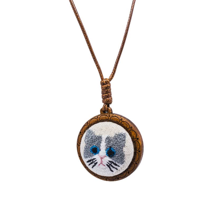 Buddha Stones Wood Cat Luck Embroidered Round Pendant Necklace - Blue & White - image 3
