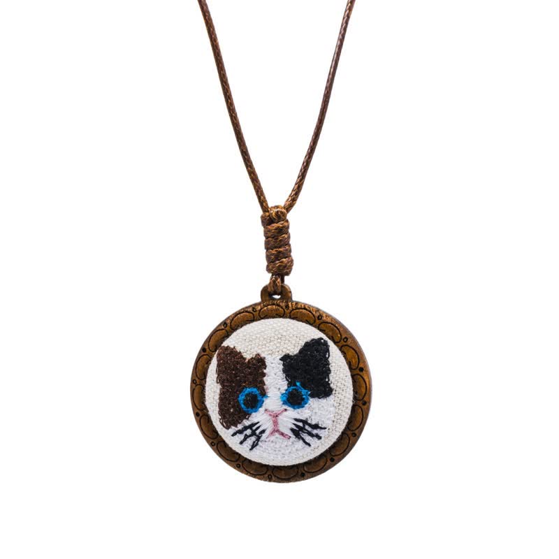 Buddha Stones Wood Cat Luck Embroidered Round Pendant Necklace - Calico - image 2