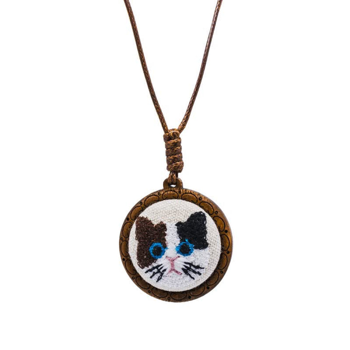 Buddha Stones Wood Cat Luck Embroidered Round Pendant Necklace - Calico - image 2