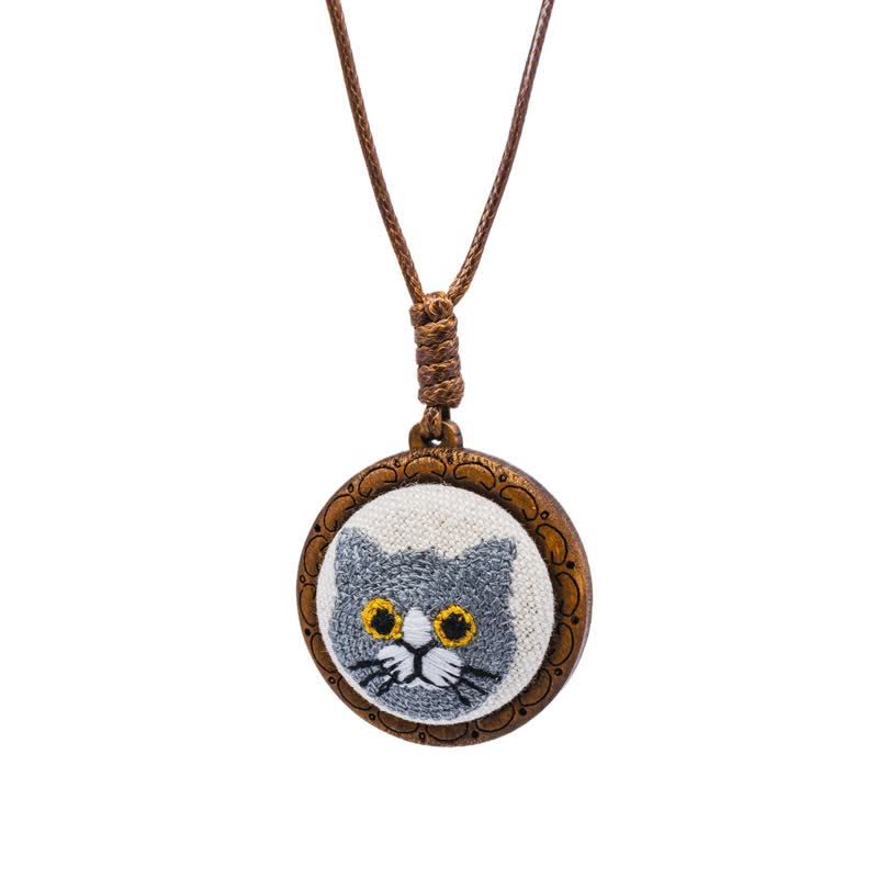 Buddha Stones Wood Cat Luck Embroidered Round Pendant Necklace - Blue Cat - image 7