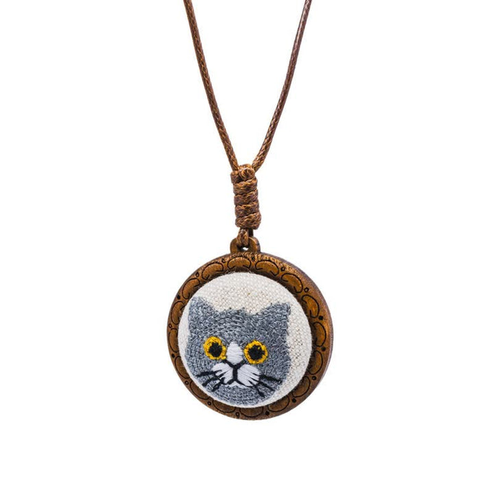 Buddha Stones Wood Cat Luck Embroidered Round Pendant Necklace - Blue Cat - image 7