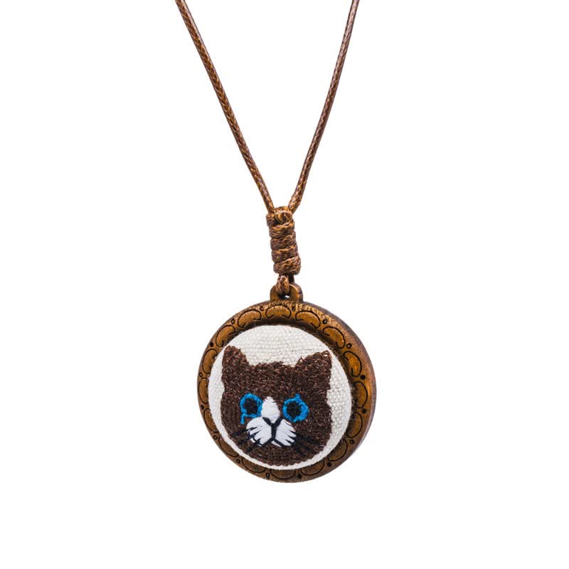 Buddha Stones Wood Cat Luck Embroidered Round Pendant Necklace - Cow Cat - image 11