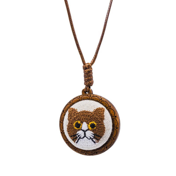 Buddha Stones Wood Cat Luck Embroidered Round Pendant Necklace - Orange Tabby - image 8