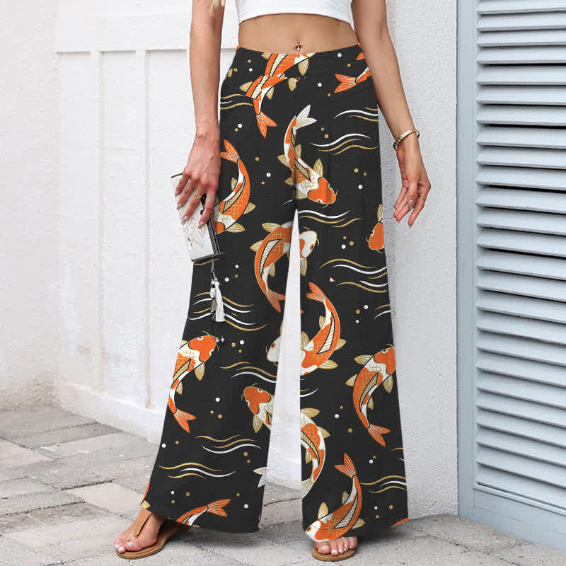 Buddha Stones Cotton Linen Koi Fish Pattern Women's Elastic Waist Wide Leg Pants With Pockets - image 6