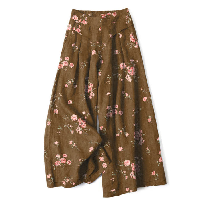 Buddha Stones Cotton Linen Vintage Rose Pattern Women's Elastic Waist Wide Leg Pants With Pockets - Sienna - US16，UK/AU20，EU48 (3XL) - image 5
