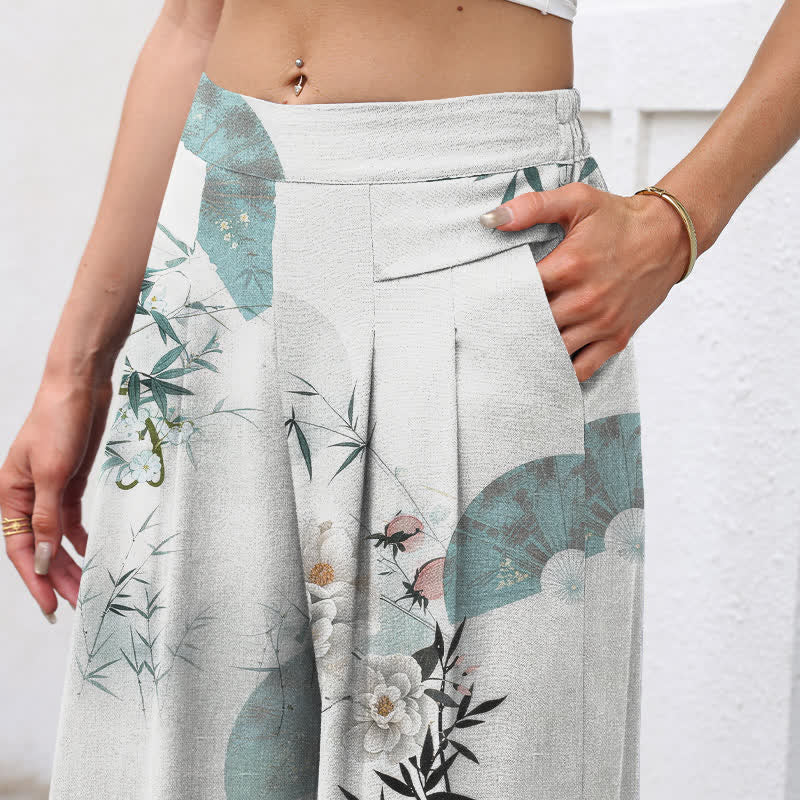 Buddha Stones Cotton Linen Oriental Bamboo Leaf Pattern Women's Elastic Waist Wide Leg Pants With Pockets - image 2