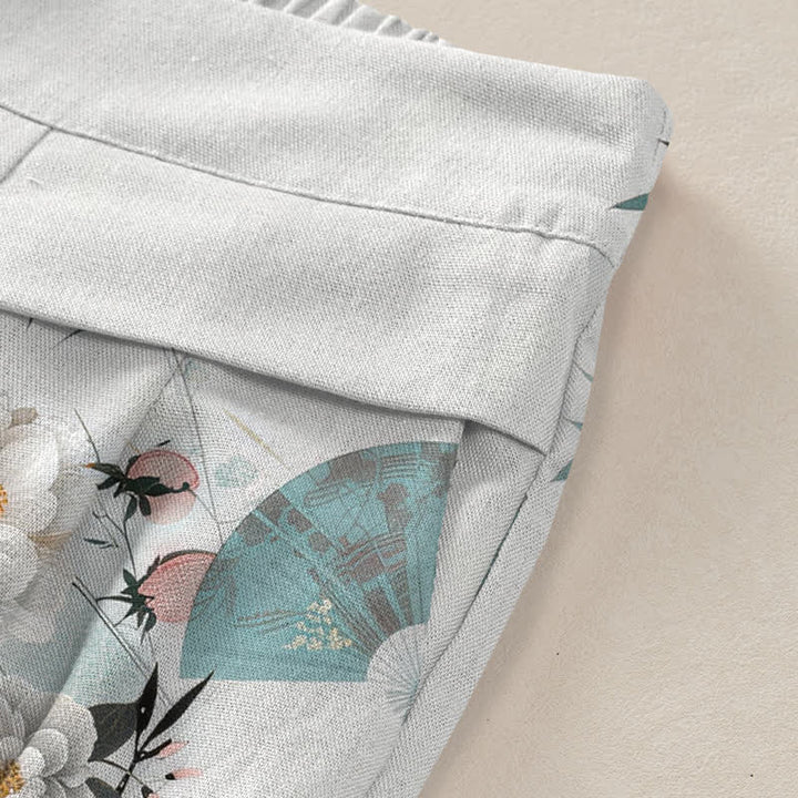 Buddha Stones Cotton Linen Oriental Bamboo Leaf Pattern Women's Elastic Waist Wide Leg Pants With Pockets - image 3