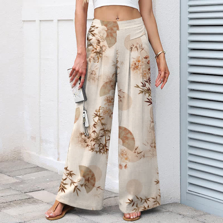 Buddha Stones Cotton Linen Oriental Bamboo Leaf Pattern Women's Elastic Waist Wide Leg Pants With Pockets - image 6