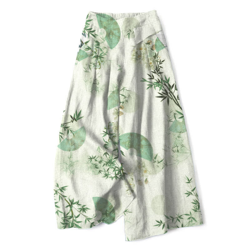 Buddha Stones Cotton Linen Oriental Bamboo Leaf Pattern Women's Elastic Waist Wide Leg Pants With Pockets - Honeydew - US16，UK/AU20，EU48 (3XL) - image 7