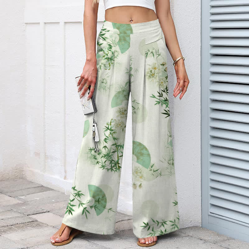 Buddha Stones Cotton Linen Oriental Bamboo Leaf Pattern Women's Elastic Waist Wide Leg Pants With Pockets - image 8