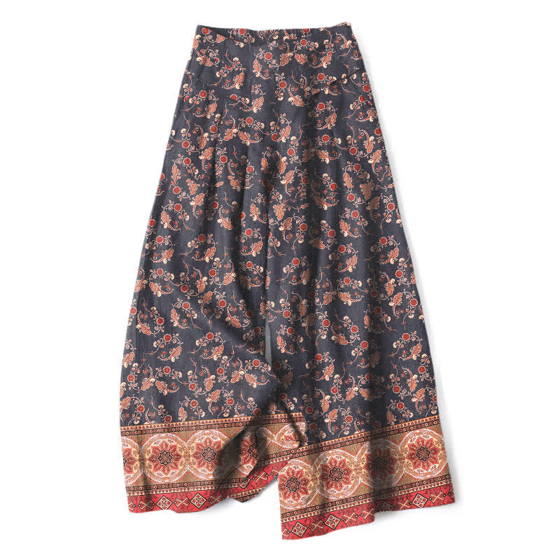 Buddha Stones Cotton Linen Bohemian Floral Pattern Women's Elastic Waist Wide Leg Pants With Pockets - SlateGray - US16，UK/AU20，EU48 (3XL) - image 5
