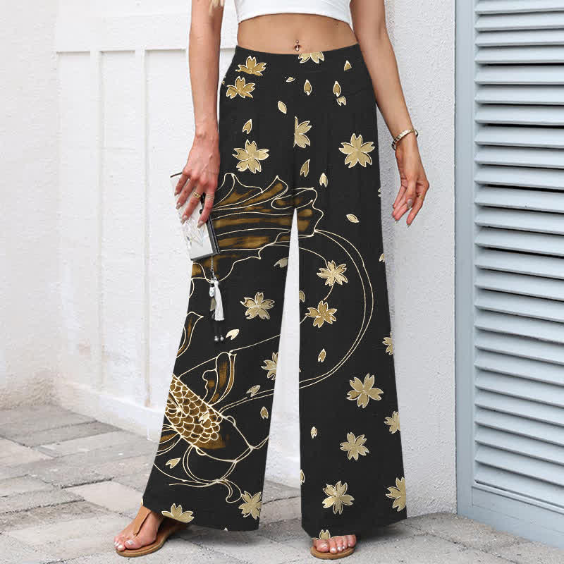 Buddha Stones Cotton Linen Koi Fish Floral Pattern Women's Elastic Waist Wide Leg Pants With Pockets - image 8