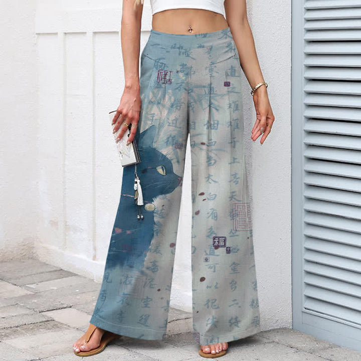 Buddha Stones Cotton Linen Calligraphy Cat Pattern Women's Elastic Waist Wide Leg Pants With Pockets - image 6