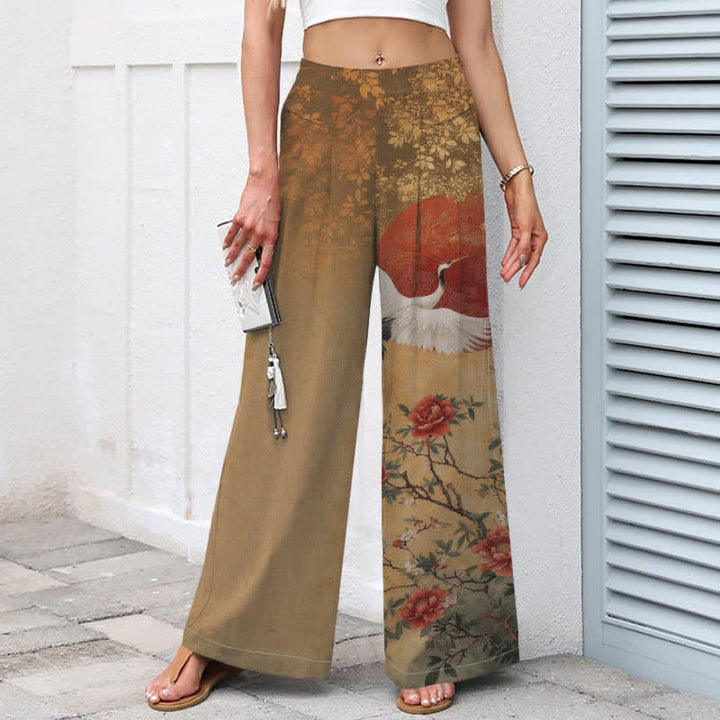 Buddha Stones Cotton Linen Crane Floral Pattern Women's Elastic Waist Wide Leg Pants With Pockets - image 1