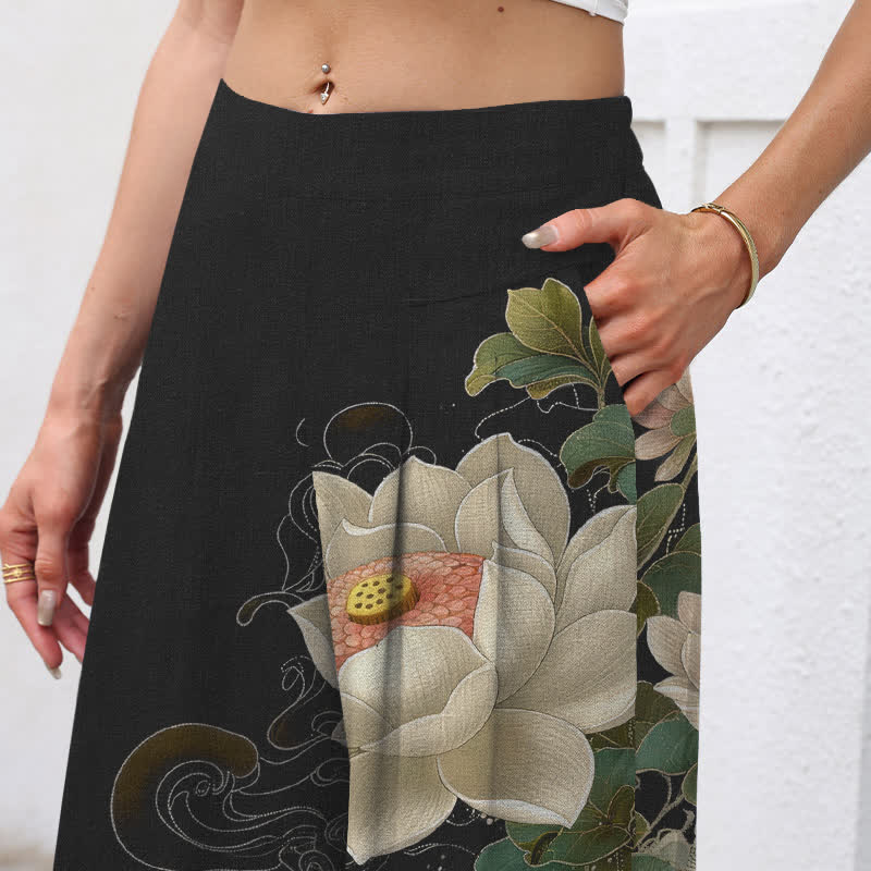Buddha Stones Cotton Linen Lotus Koi Wave Pattern Women's Elastic Waist Wide Leg Pants With Pockets - image 2
