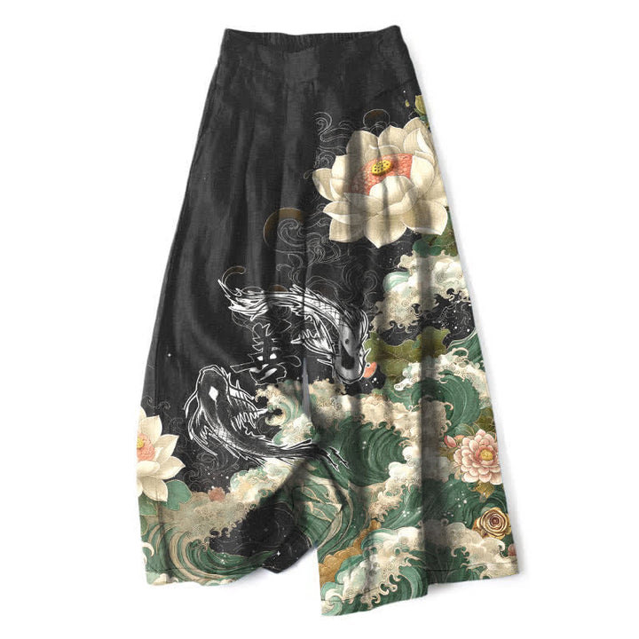 Buddha Stones Cotton Linen Lotus Koi Wave Pattern Women's Elastic Waist Wide Leg Pants With Pockets - Black - US16，UK/AU20，EU48 (3XL) - image 0