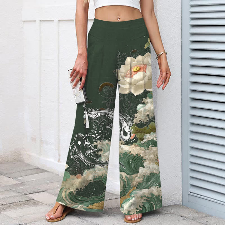 Buddha Stones Cotton Linen Lotus Koi Wave Pattern Women's Elastic Waist Wide Leg Pants With Pockets - image 8