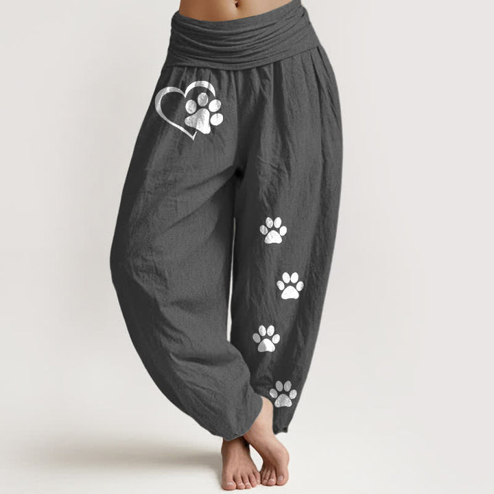 Buddha Stones Pure Cotton Heart Paw Print Pattern Women's Elastic Waist Harem Pants - DimGray - US16，UK/AU20，EU48 (3XL) - image 8
