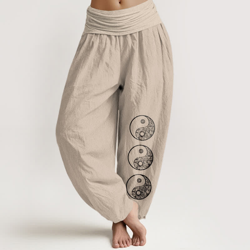 Buddha Stones Pure Cotton Yin Yang Pattern Women's Elastic Waist Harem Pants - Tan - US16，UK/AU20，EU48 (3XL) - image 14