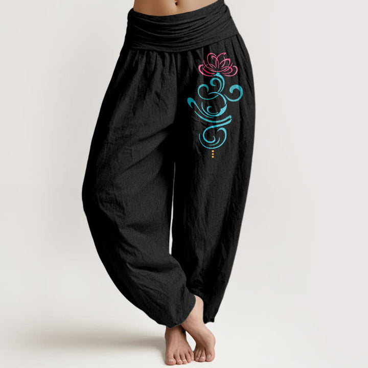 Buddha Stones Pure Cotton Lotus Vine Pattern Women's Elastic Waist Harem Pants - Black - US16，UK/AU20，EU48 (3XL) - image 0