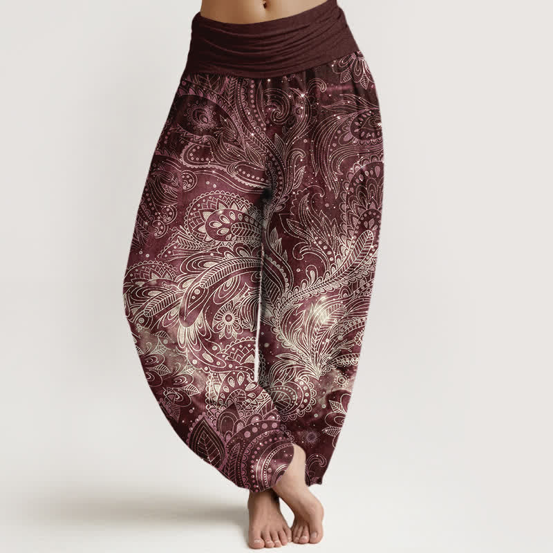 Buddha Stones Pure Cotton Elegant Paisley Pattern Women's Elastic Waist Harem Pants - Maroon - US16，UK/AU20，EU48 (3XL) - image 8
