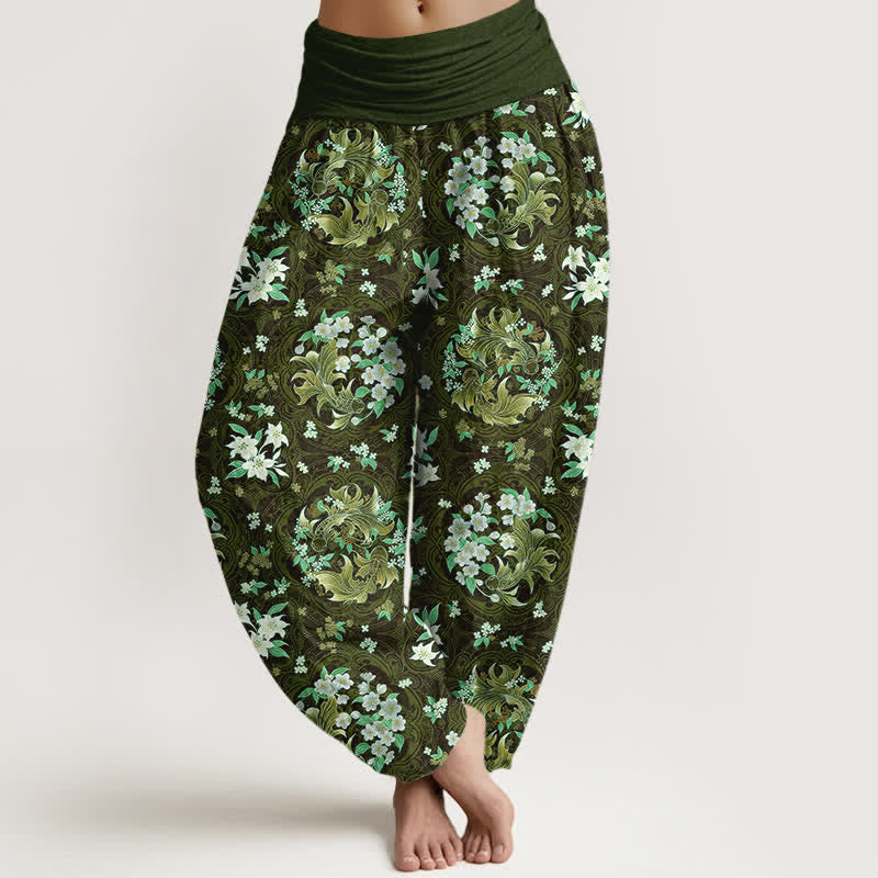 Buddha Stones Pure Cotton Floral Medallion Pattern Women's Elastic Waist Harem Pants - DarkOliveGreen - US16，UK/AU20，EU48 (3XL) - image 8