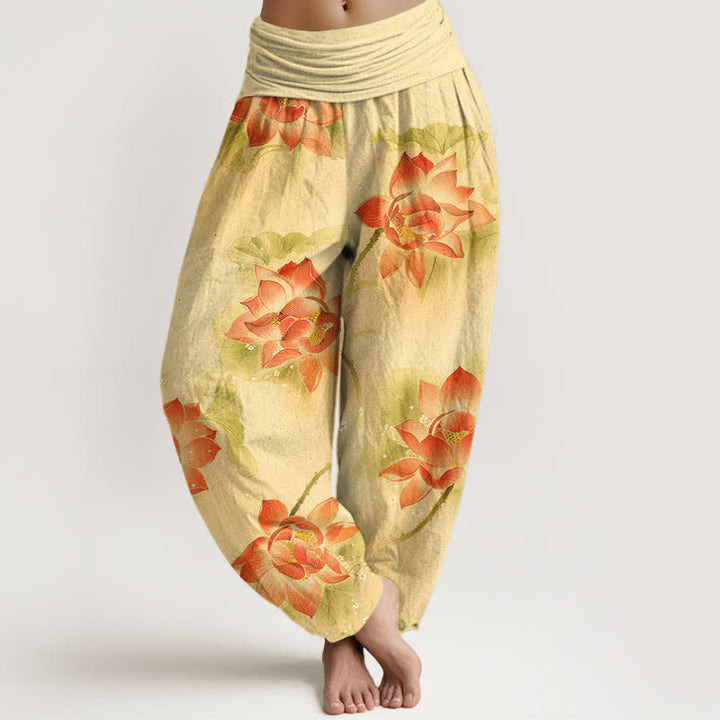 Buddha Stones Cotton Lotus Bloom Pattern Women's Elastic Waist Harem Pants - LemonChiffon - US16，UK/AU20，EU48 (3XL) - image 8