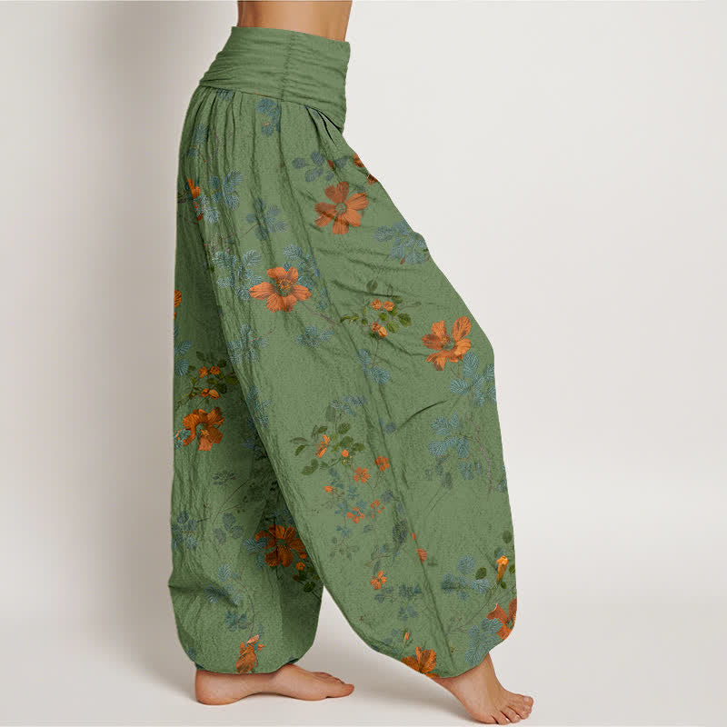 Buddha Stones Cotton Orange Floral Leaf Pattern Women's Elastic Waist Harem Pants - image 10