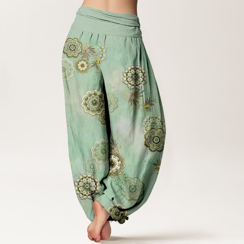 Buddha Stones Pure Cotton Mandala Floral Leaves Pattern Women's Elastic Waist Harem Pants - image 1