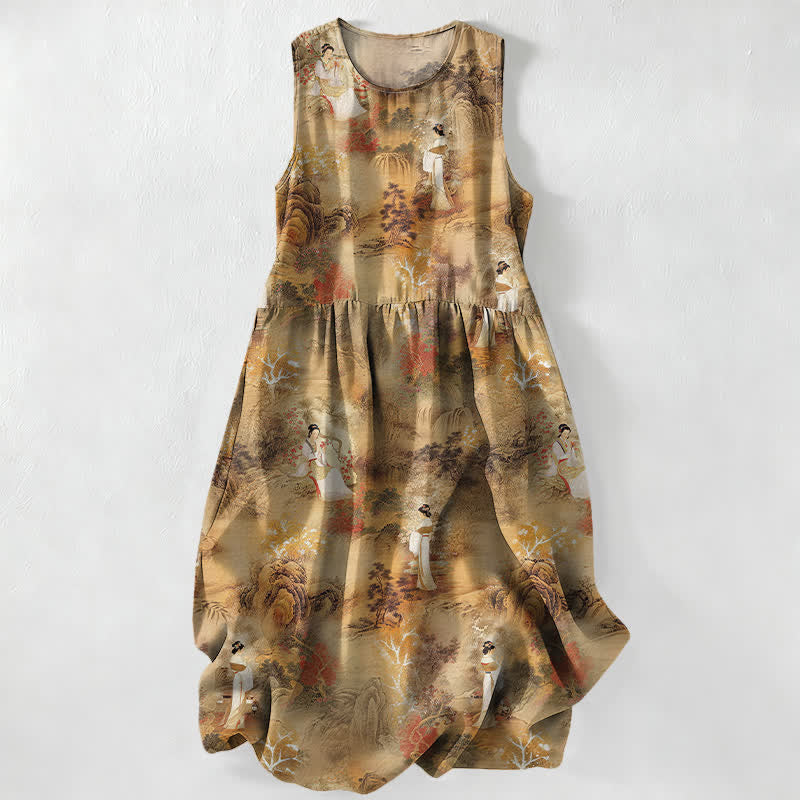Buddha Stones Summer Casual Oriental Ladies Landscape Pattern Women's Summer Sleeveless Midi Dress With Pockets - Tan - US16，UK/AU20，EU48 (3XL) - image 0