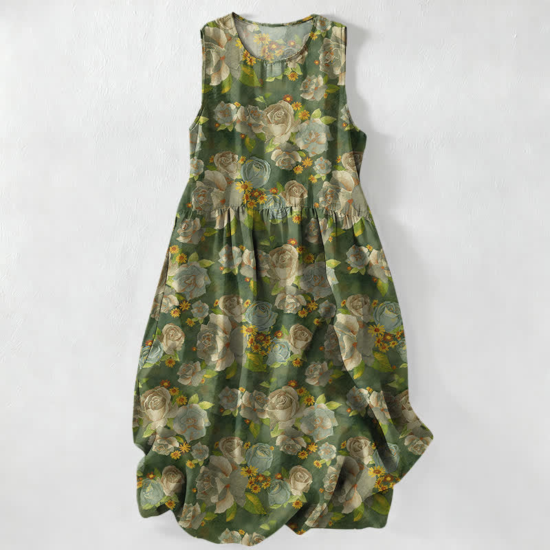 Buddha Stones Summer Casual Vintage Rose Flowers Pattern Women's Summer Sleeveless Midi Dress With Pockets - Olive - US16，UK/AU20，EU48 (3XL) - image 4