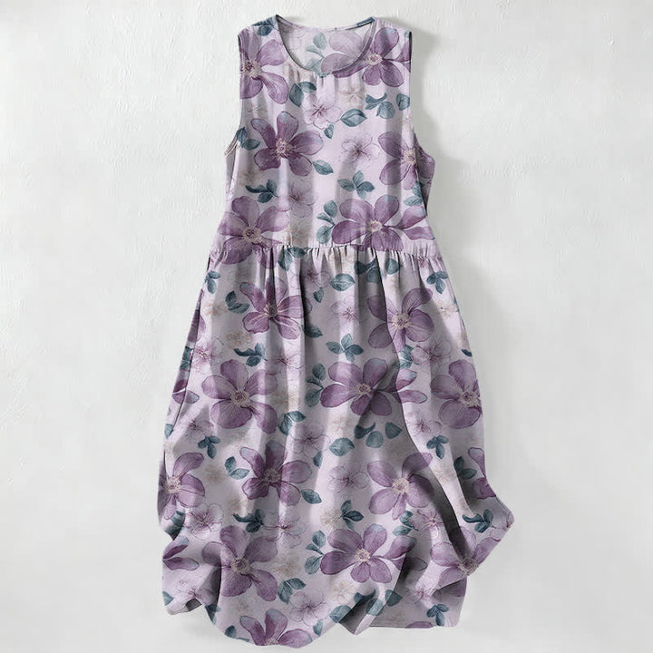 Buddha Stones Summer Casual Large Petals Leaves Pattern Women's Summer Sleeveless Midi Dress With Pockets - Lavender - US16，UK/AU20，EU48 (3XL) - image 4