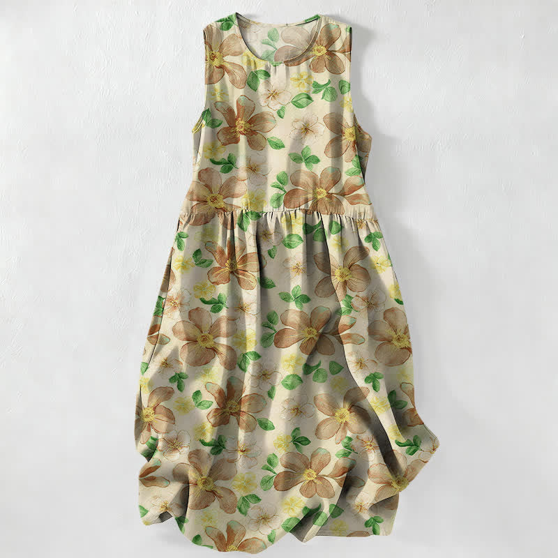 Buddha Stones Summer Casual Large Petals Leaves Pattern Women's Summer Sleeveless Midi Dress With Pockets - Beige - US16，UK/AU20，EU48 (3XL) - image 5