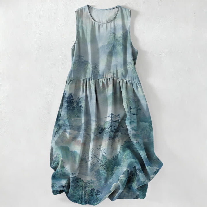 Buddha Stones Summer Casual Ink Landscape Pattern Women's Summer Sleeveless Midi Dress With Pockets - Turquoise - US16，UK/AU20，EU48 (3XL) - image 5