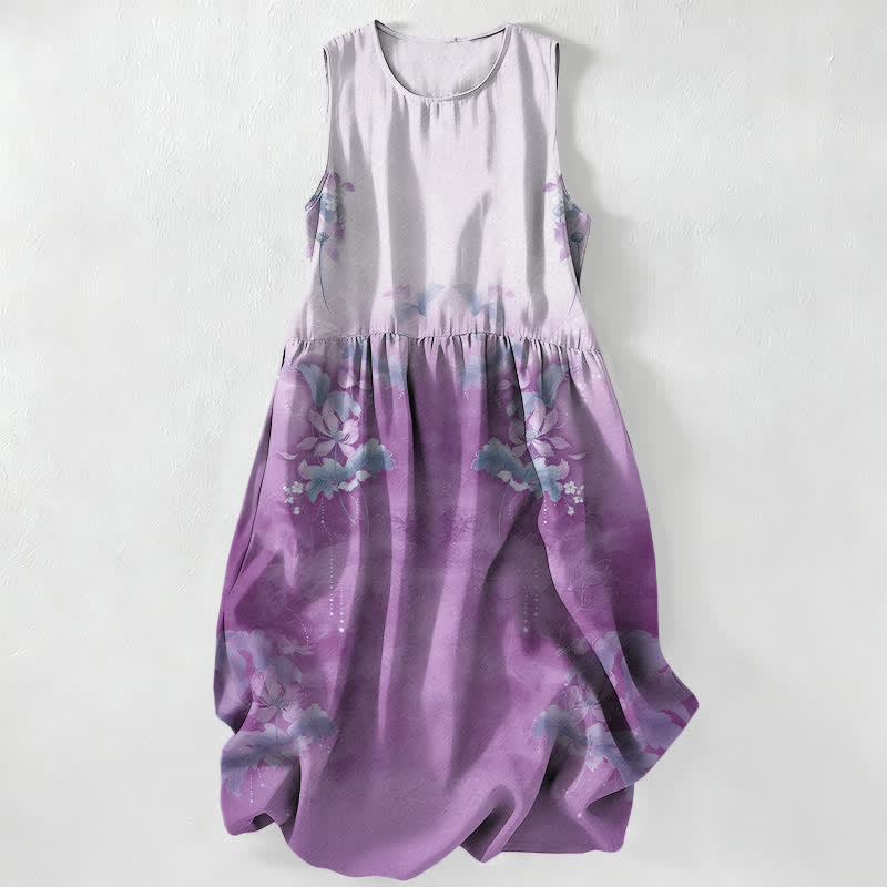 Buddha Stones Summer Casual Gradient Floral Leaves Pattern Women's Summer Sleeveless Midi Dress With Pockets - Lavender - US16，UK/AU20，EU48 (3XL) - image 4
