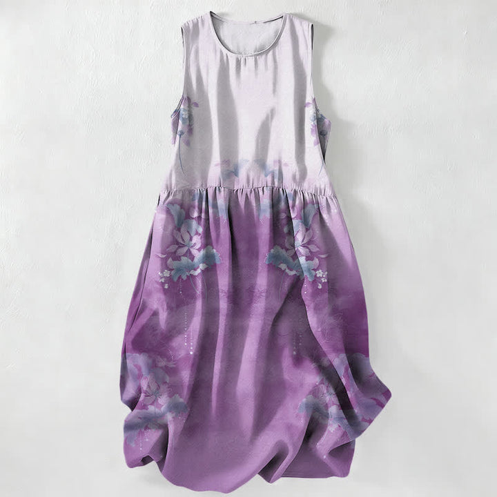 Buddha Stones Summer Casual Gradient Floral Leaves Pattern Women's Summer Sleeveless Midi Dress With Pockets - Lavender - US16，UK/AU20，EU48 (3XL) - image 4