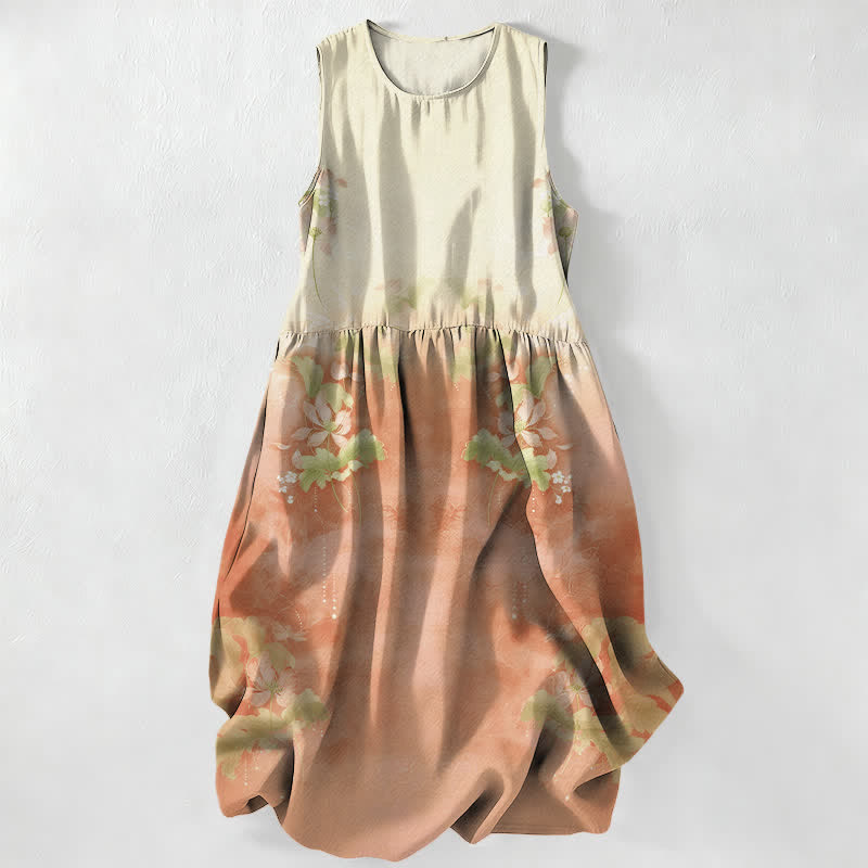 Buddha Stones Summer Casual Gradient Floral Leaves Pattern Women's Summer Sleeveless Midi Dress With Pockets - PeachPuff - US16，UK/AU20，EU48 (3XL) - image 5