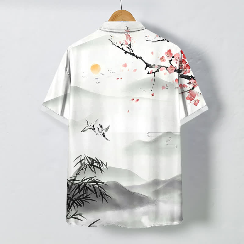 Buddha Stones Ink Landscape Crane Bamboo Plum Blossom Pattern Buttons Wrinkle-resistant Breathable Men's Short Sleeve Shirt - image 1